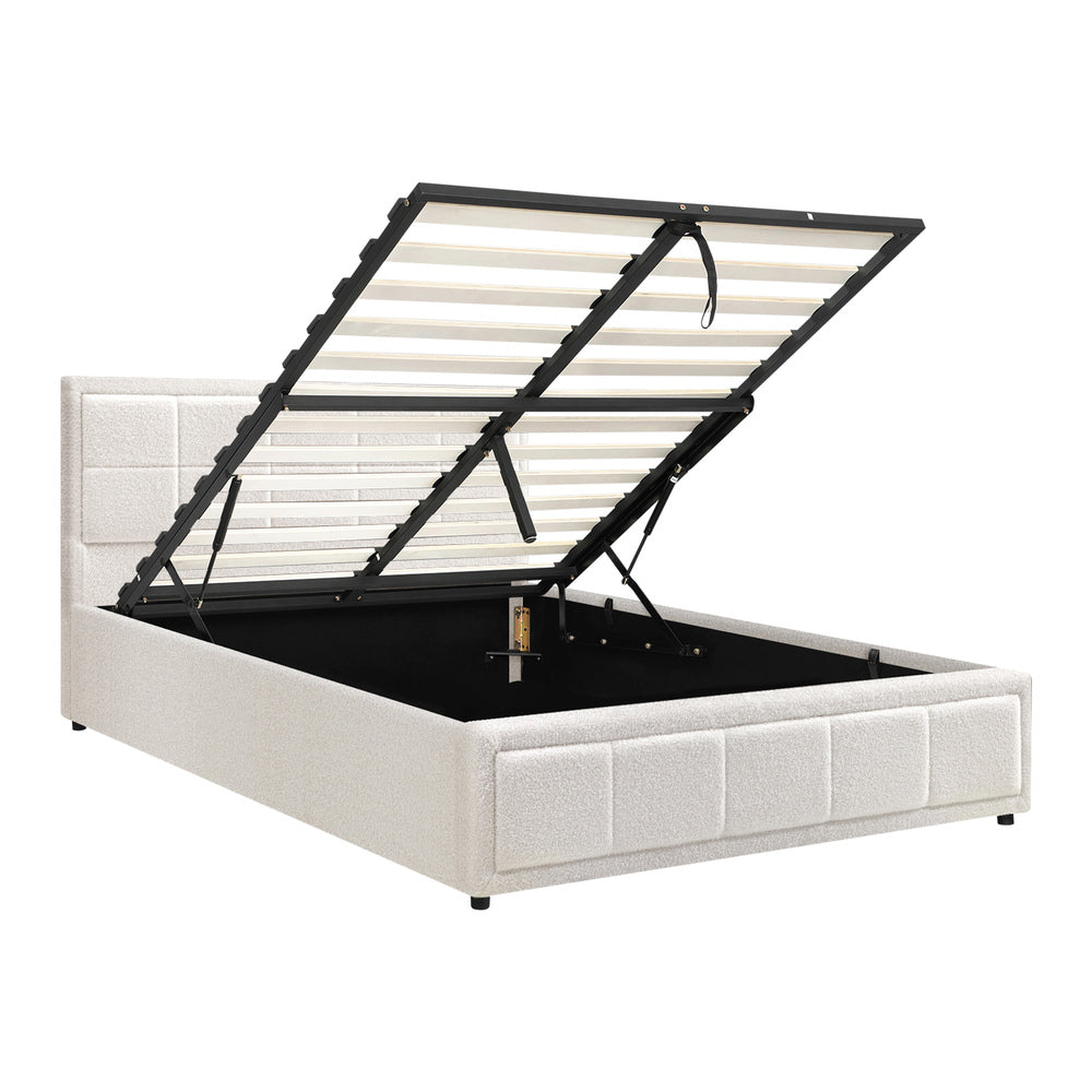 Oikiture Queen Bed Frame Gas Lift Storage Base Boucle White