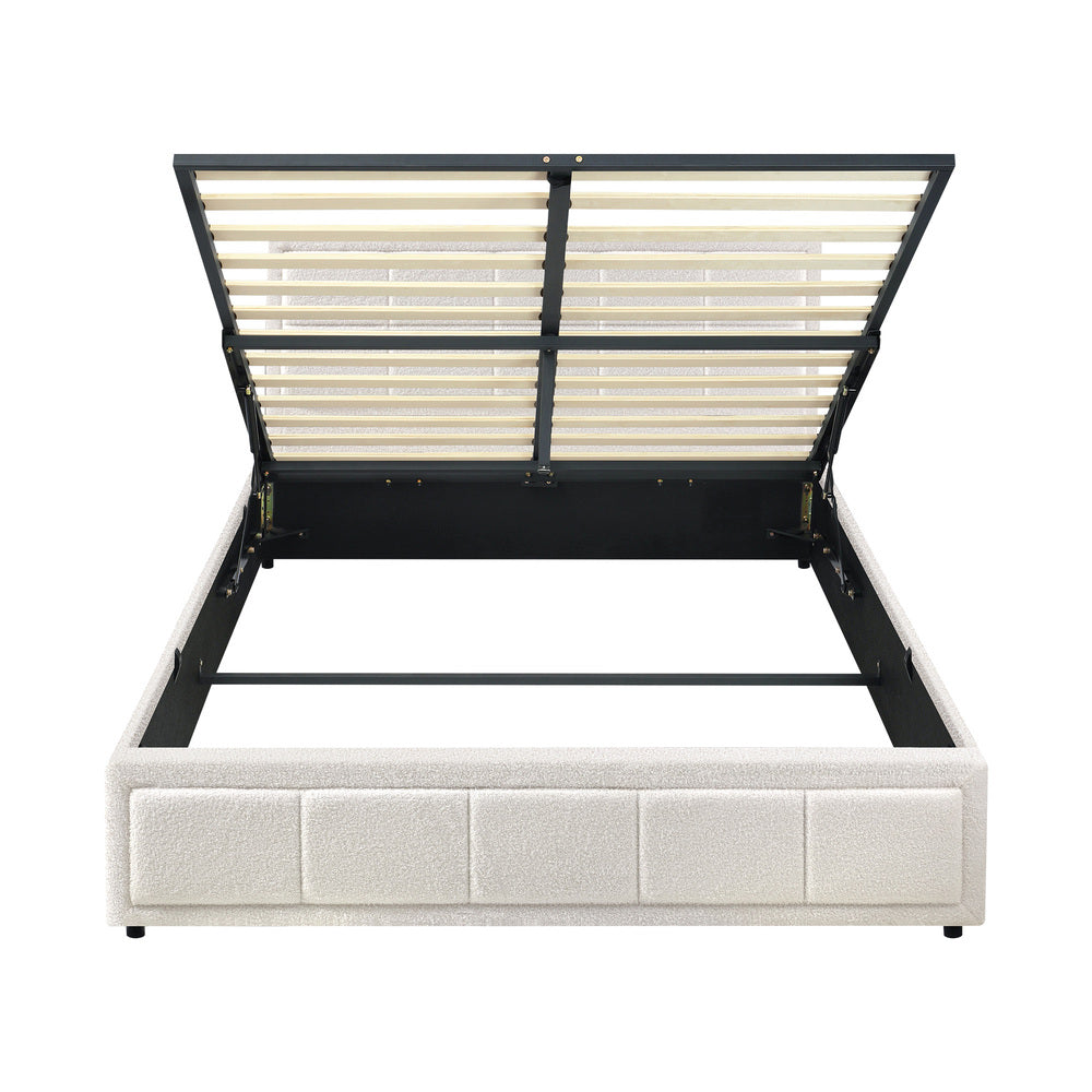 Oikiture Queen Bed Frame Gas Lift Storage Base Boucle White