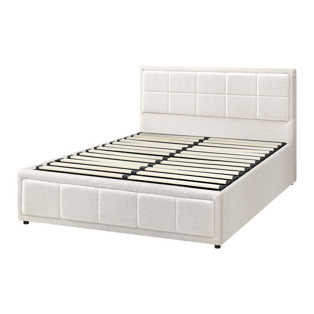 Oikiture Queen Bed Frame Gas Lift Storage Base Boucle White
