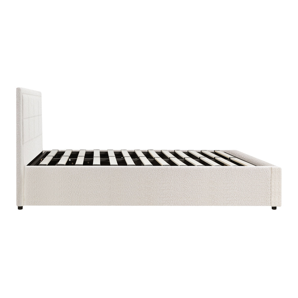 Oikiture Queen Bed Frame Gas Lift Storage Base Boucle White
