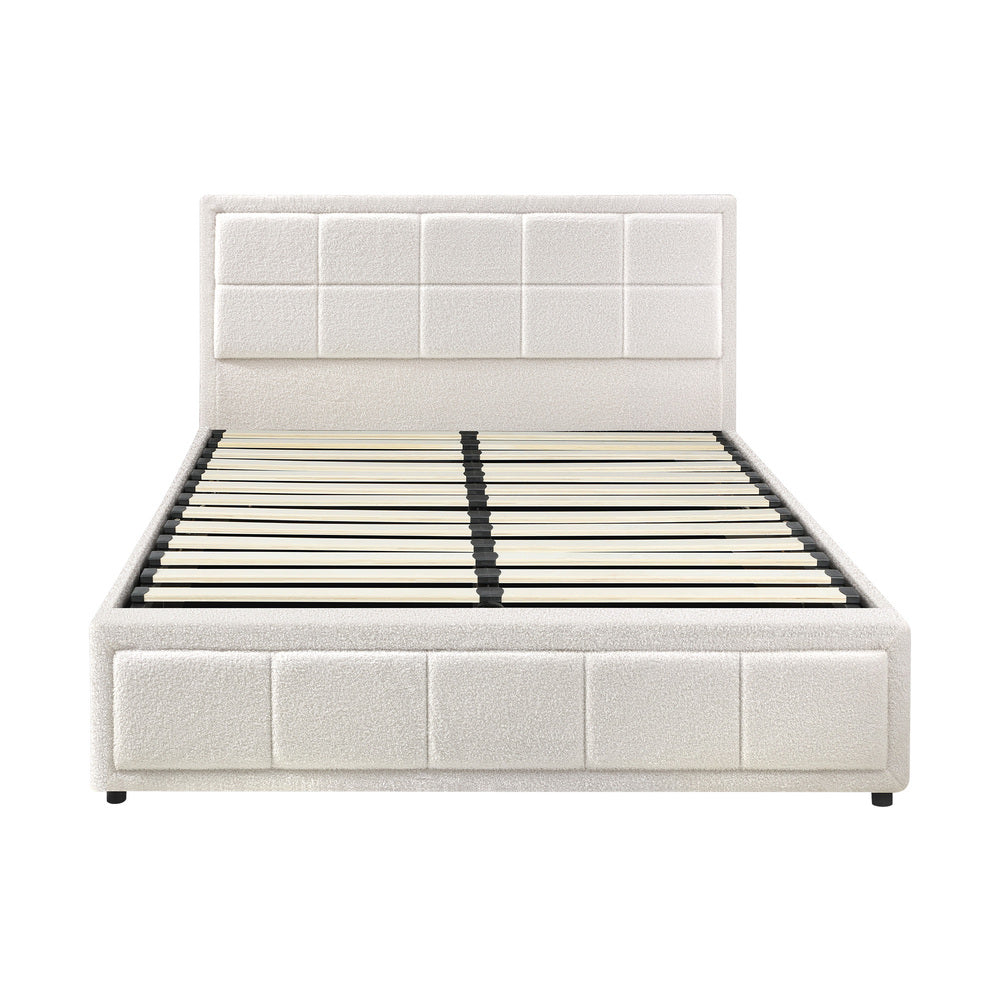 Oikiture Queen Bed Frame Gas Lift Storage Base Boucle White