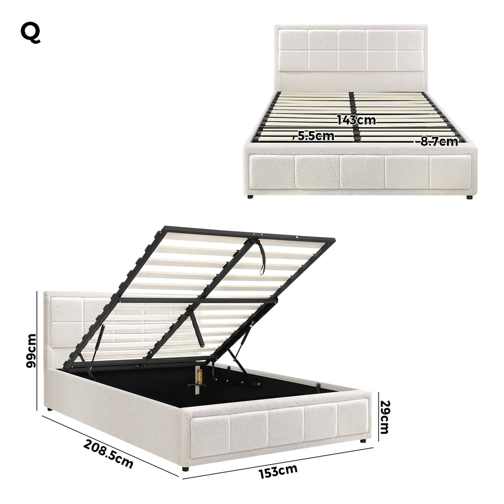 Oikiture Queen Bed Frame Gas Lift Storage Base Boucle White