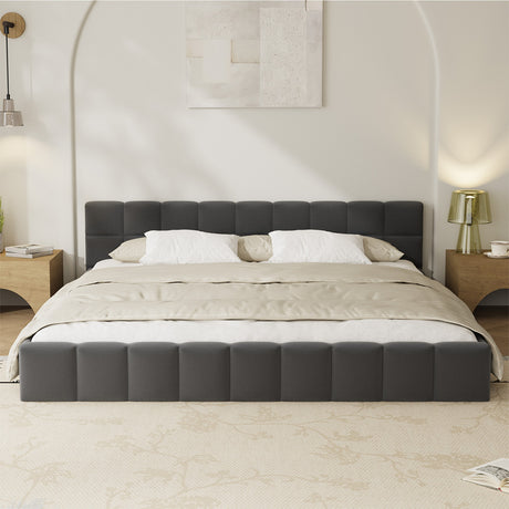 Oikiture Bed Frame King Size Tufted Headboard Grey Velvet