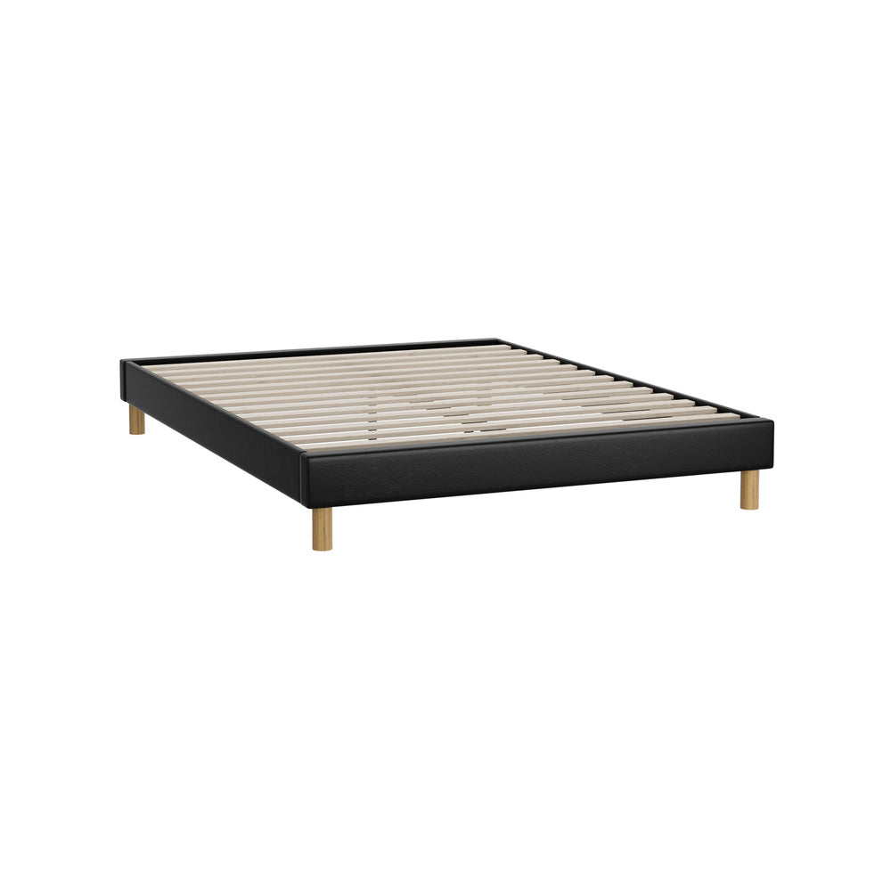 Oikiture Bed Frame Queen Size Bed Base Black Leather