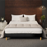 Oikiture Bed Frame Queen Size Bed Base Black Leather - Front View