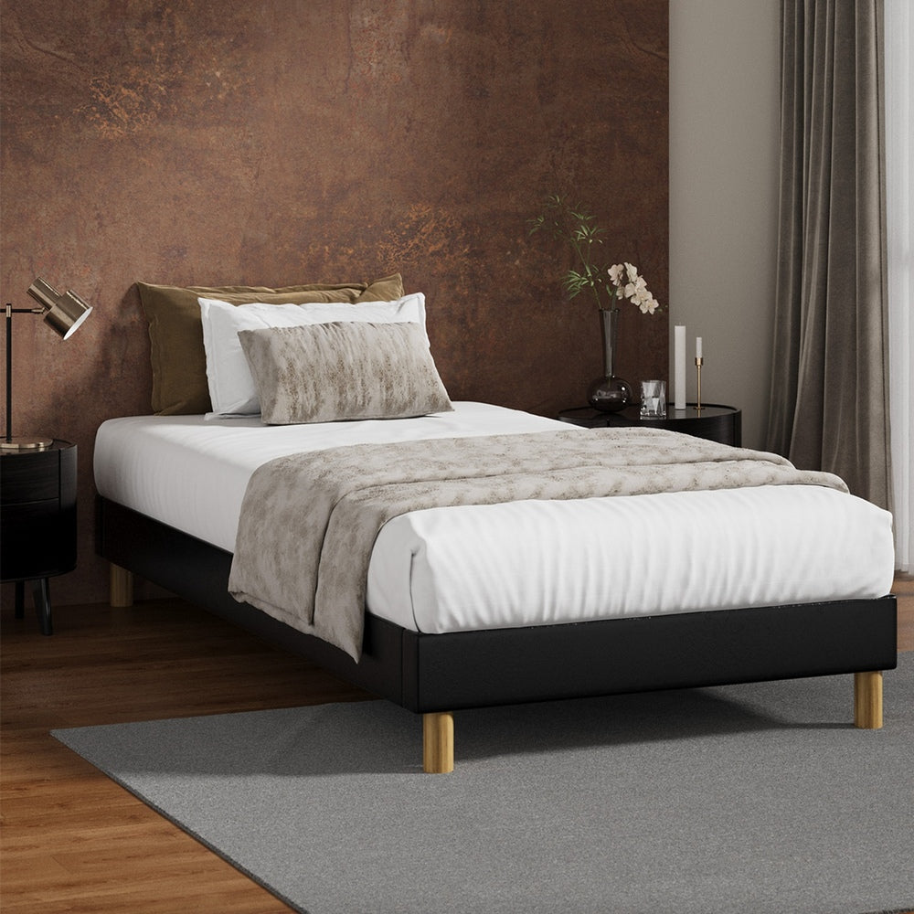 Oikiture Bed Frame Single Size Bed Base Black Leather