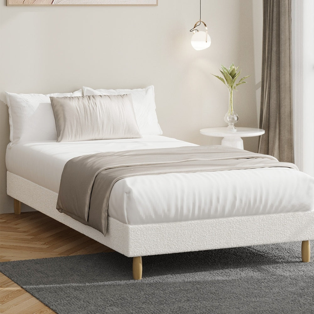 Oikiture Bed Frame Single Size Bed Base White Boucle