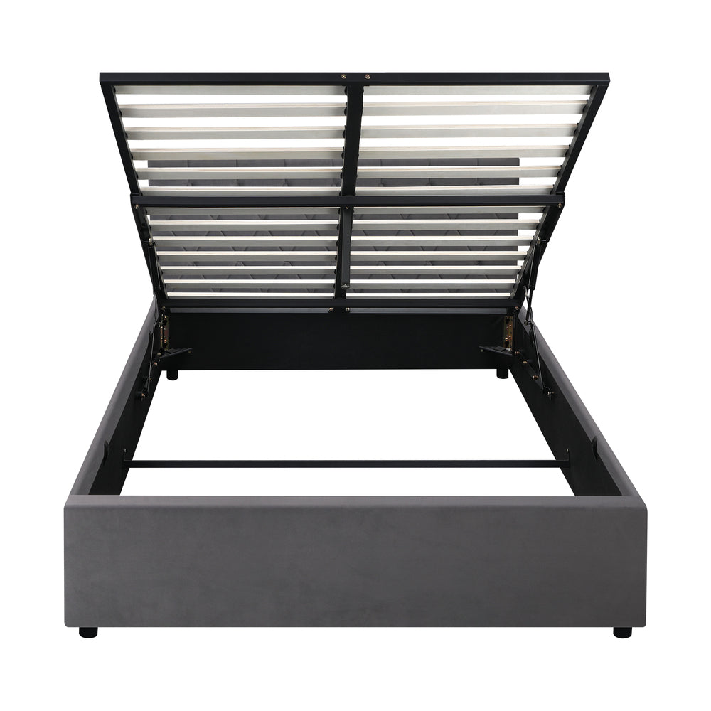 Oikiture Bed Frame Double Size Gas Lift Base Storage Fabric Grey