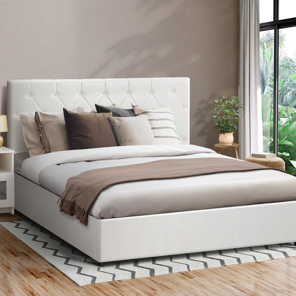 Oikiture Bed Frame Double Size Gas Lift Base Storage Leather White