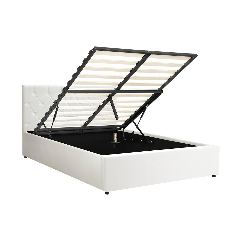 Oikiture Bed Frame Double Size Gas Lift Base Storage Leather White
