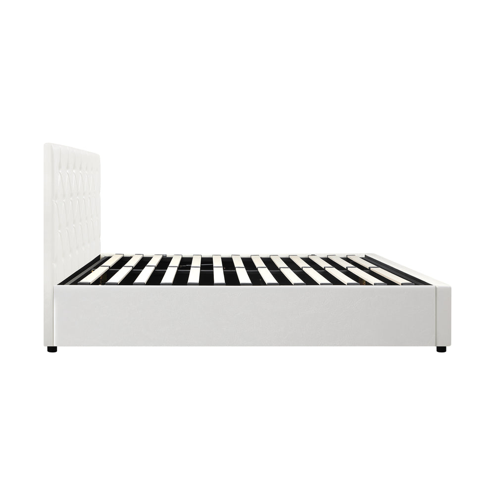 Oikiture Bed Frame Double Size Gas Lift Base Storage Leather White