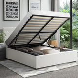 Oikiture Bed Frame Double Size Gas Lift Base Storage Leather White