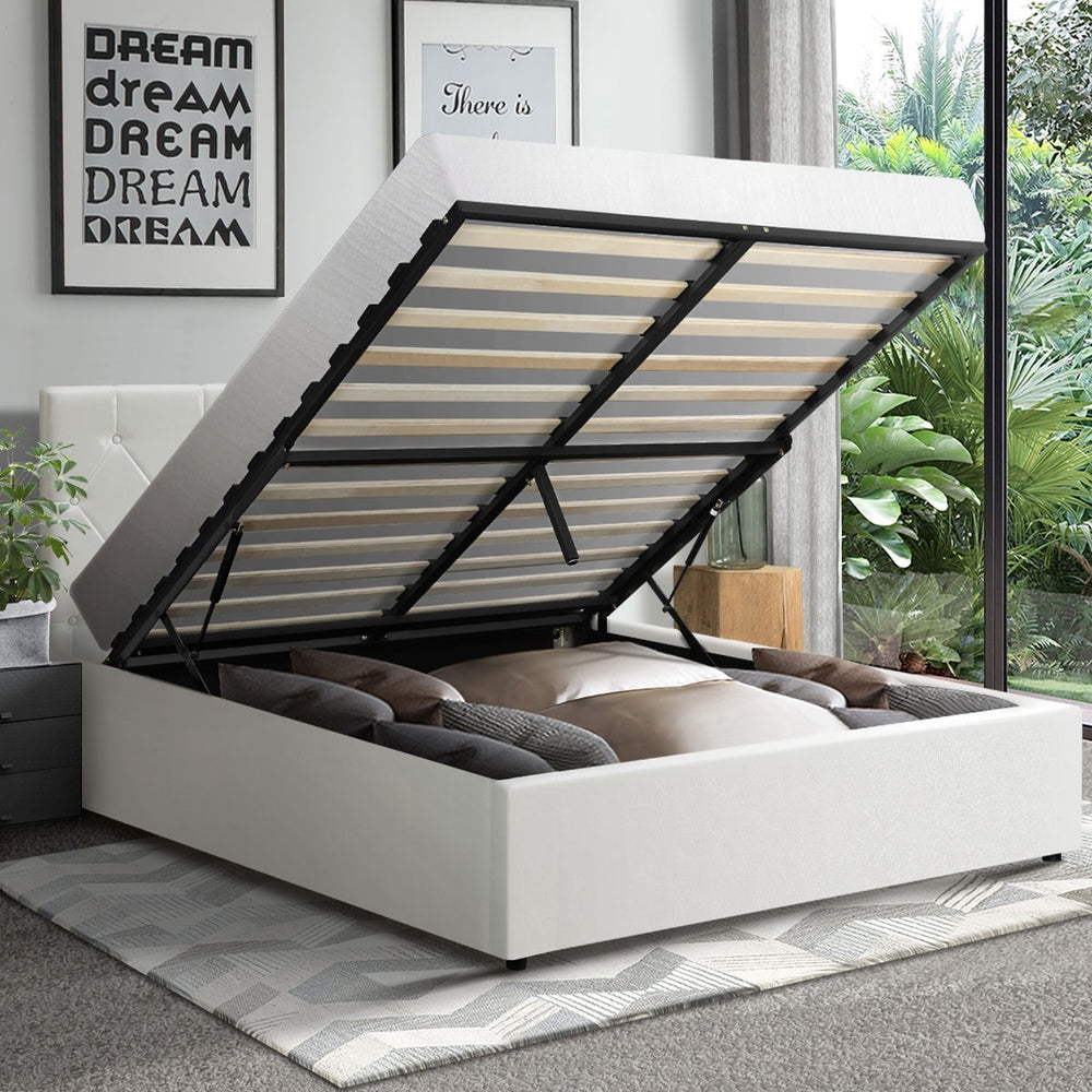 Oikiture Bed Frame Double Size Gas Lift Base Storage Leather White
