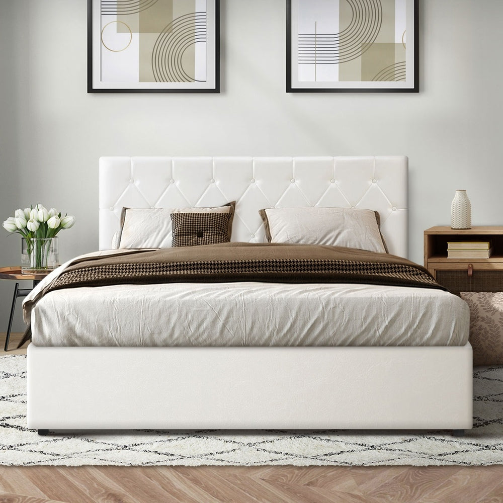 Oikiture Bed Frame Double Size Gas Lift Base Storage Leather White
