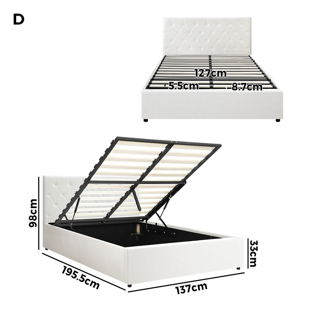 Oikiture Bed Frame Double Size Gas Lift Base Storage Leather White