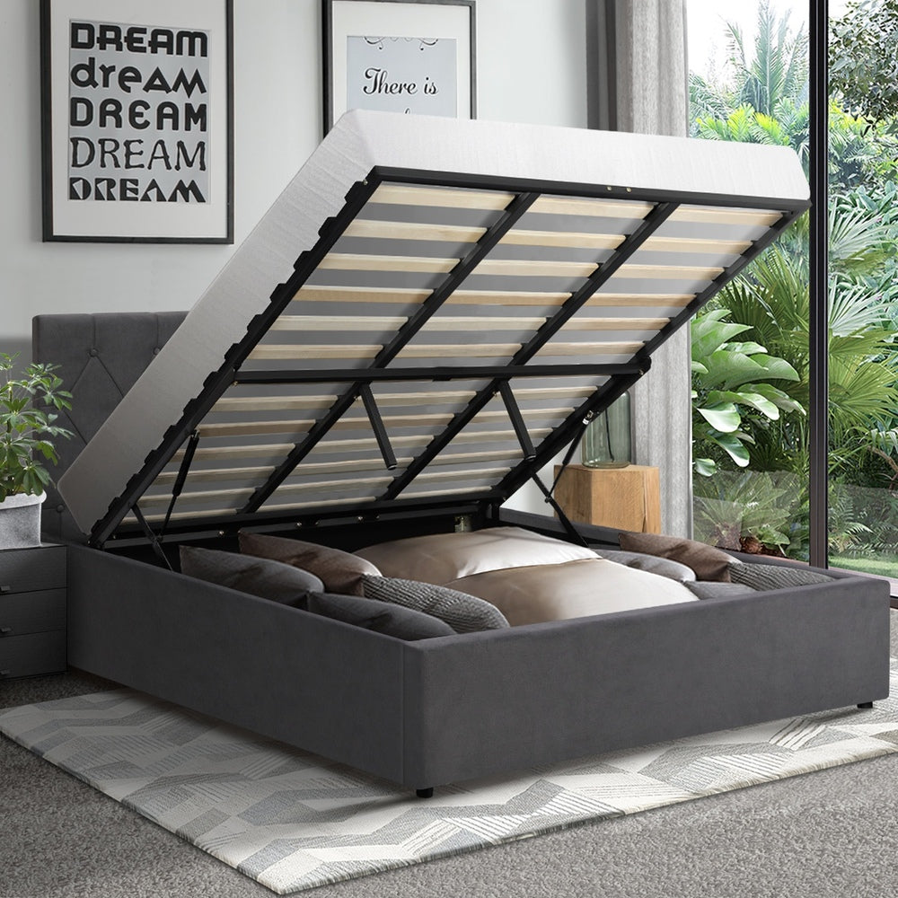 Oikiture Bed Frame King Size Gas Lift Base Storage Fabric Grey