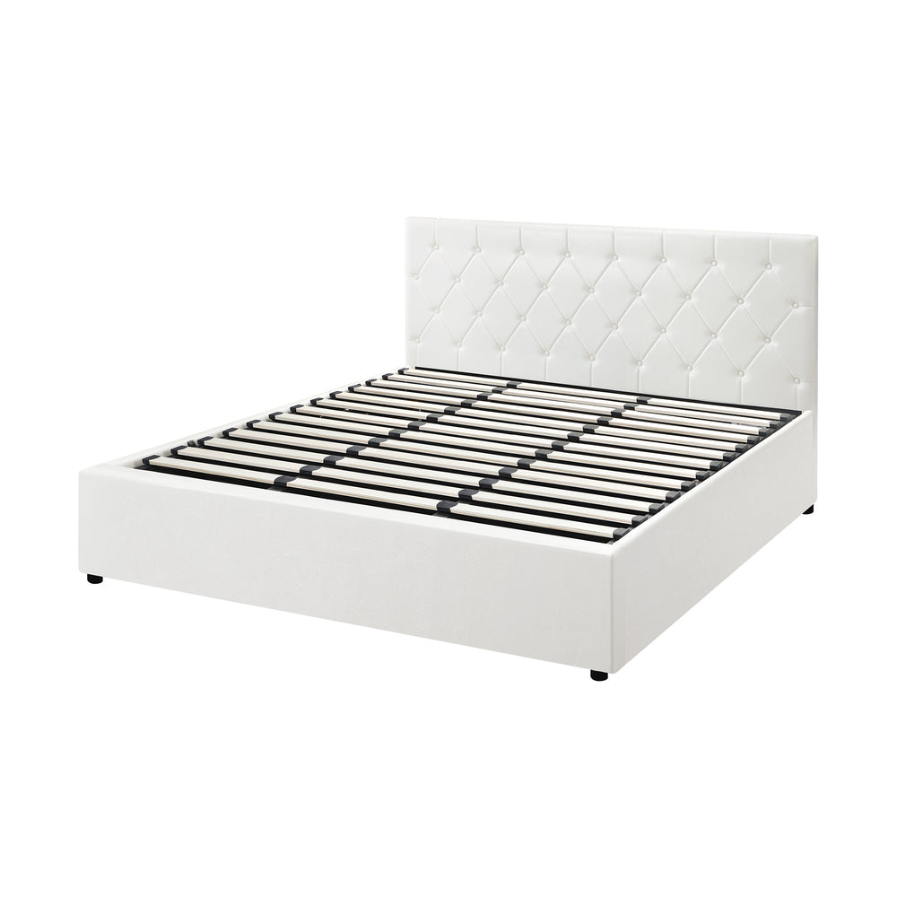 Oikiture Bed Frame King Size Gas Lift Base Storage Leather White