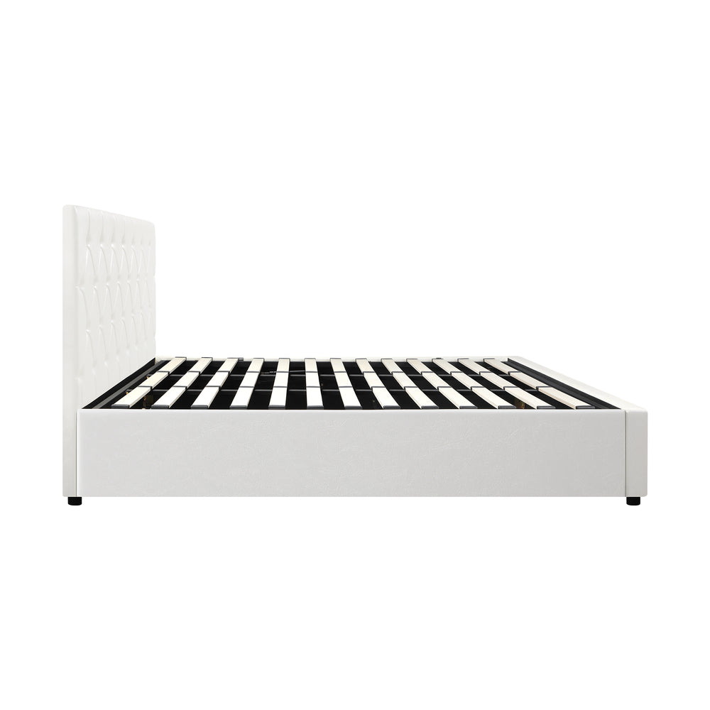 Oikiture Bed Frame King Size Gas Lift Base Storage Leather White