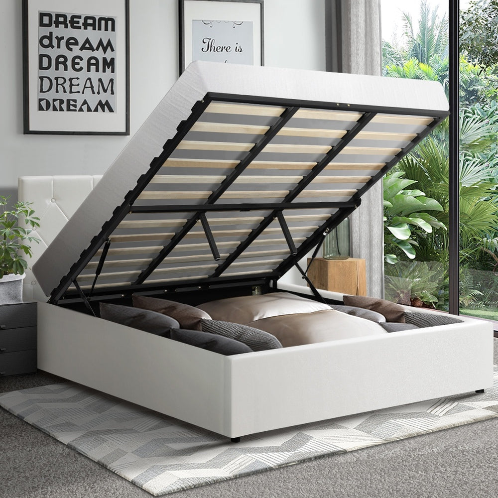 Oikiture Bed Frame King Size Gas Lift Base Storage Leather White
