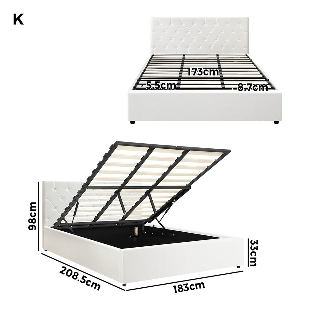 Oikiture Bed Frame King Size Gas Lift Base Storage Leather White