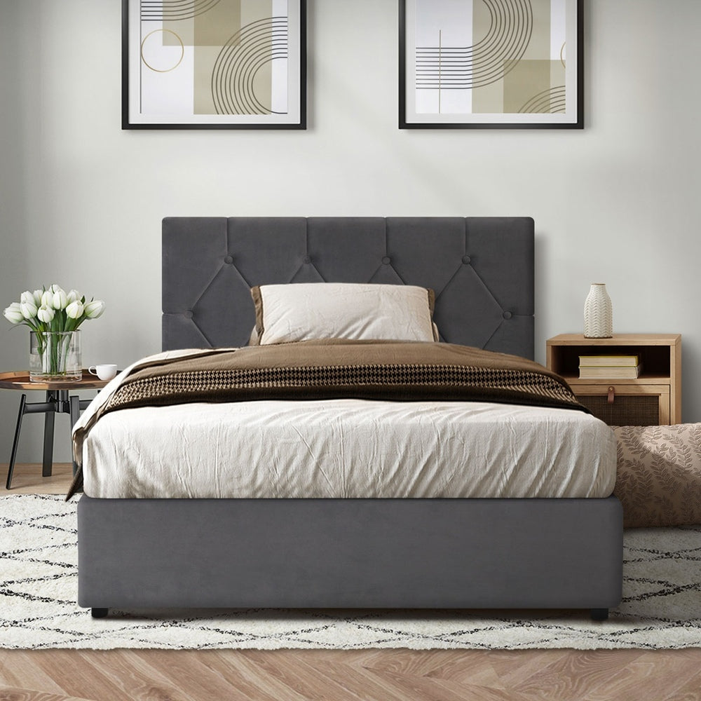 Oikiture Bed Frame King Single Gas Lift Base Storage Fabric Grey