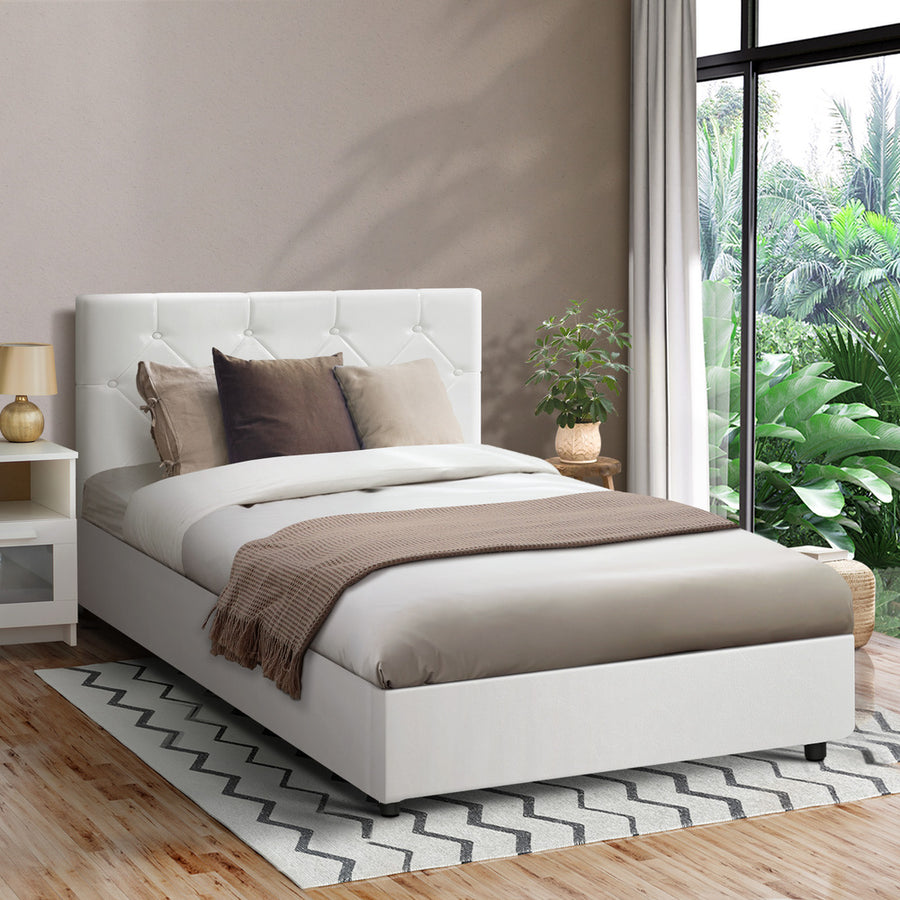 Oikiture Bed Frame King Single Gas Lift Base Storage Leather White