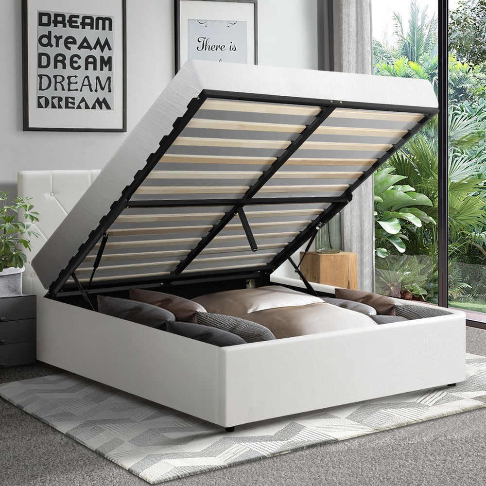 Oikiture Bed Frame King Single Gas Lift Base Storage Leather White