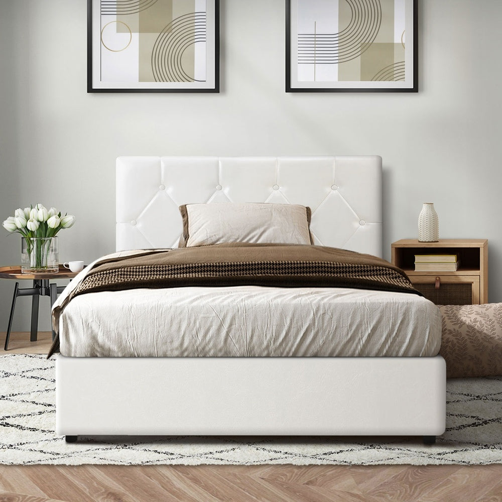 Oikiture Bed Frame King Single Gas Lift Base Storage Leather White
