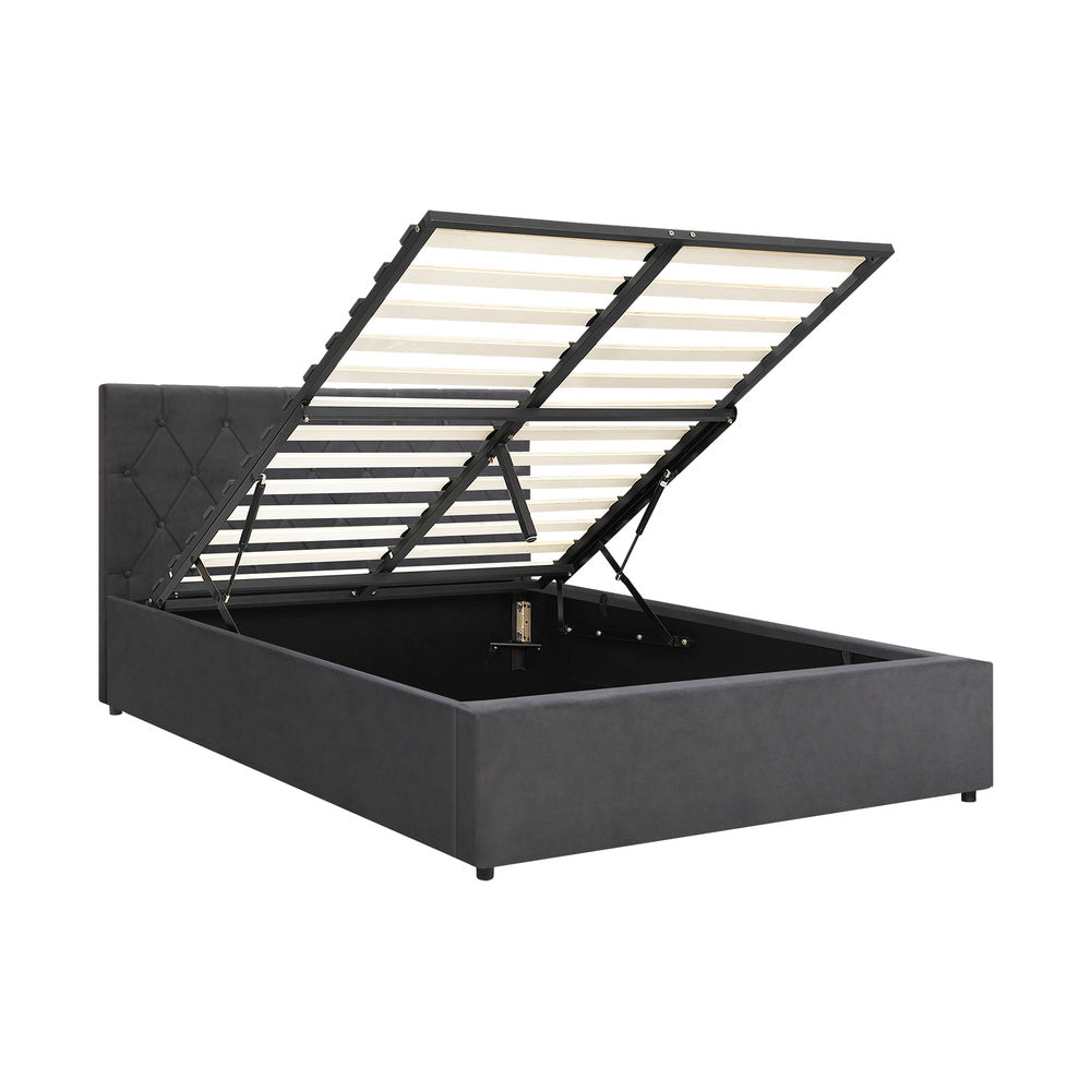 Oikiture Bed Frame Queen Size Gas Lift Base Storage Fabric Grey