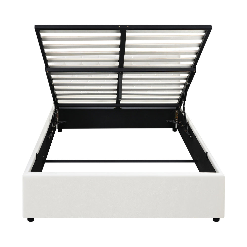 Oikiture Bed Frame Queen Size Gas Lift Base Storage Leather White