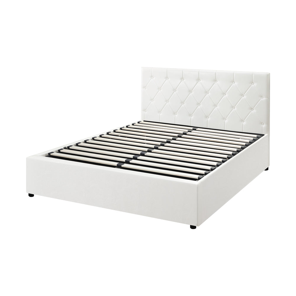 Oikiture Bed Frame Queen Size Gas Lift Base Storage Leather White