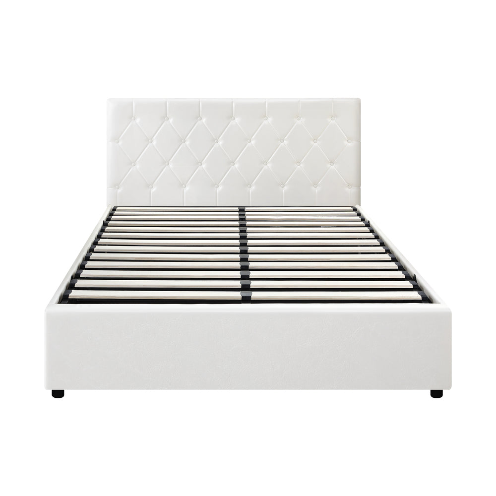 Oikiture Bed Frame Queen Size Gas Lift Base Storage Leather White