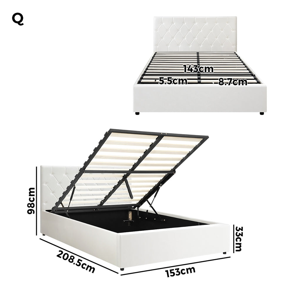 Oikiture Bed Frame Queen Size Gas Lift Base Storage Leather White