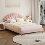 Oikiture Bed Frame Double Size Scallop-Shape Bedhead Pink Velvet, image 2