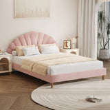 Oikiture Bed Frame Double Size Scallop-Shape Bedhead Pink Velvet - Front View