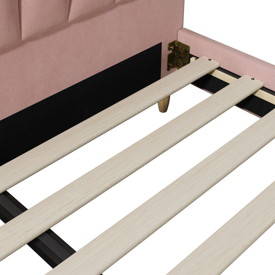 Oikiture Bed Frame Double Size Scallop-Shape Bedhead Pink Velvet, image 4