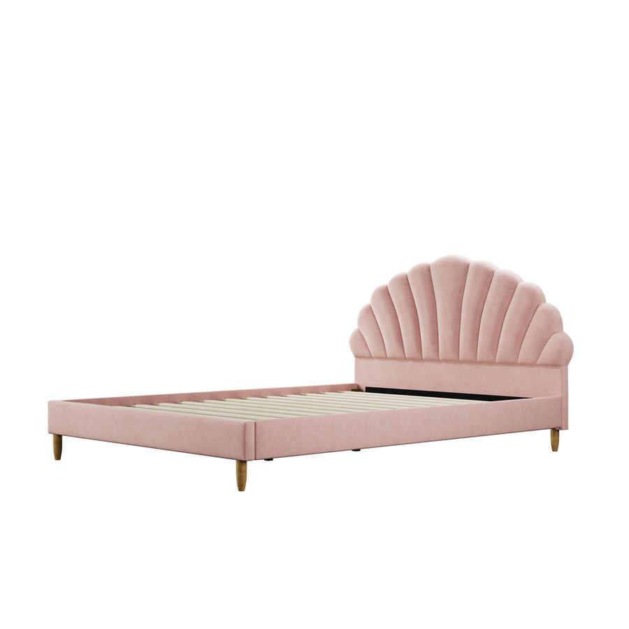 Oikiture Bed Frame Double Size Scallop-Shape Bedhead Pink Velvet, image 8