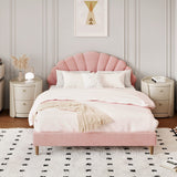 Oikiture Bed Frame Double Size Scallop-Shape Bedhead Pink Velvet