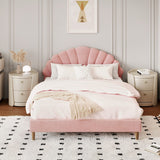 Oikiture Bed Frame Double Size Scallop-Shape Bedhead Pink Velvet - Close-Up Angle