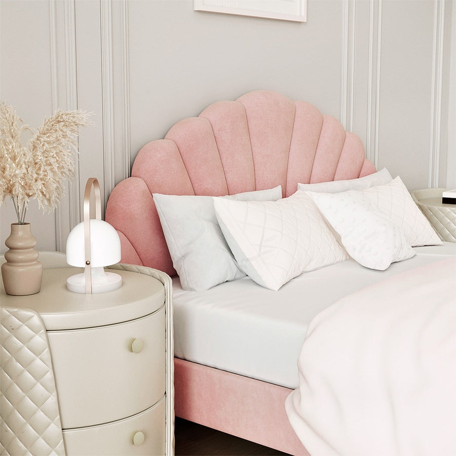 Oikiture Bed Frame Double Size Scallop-Shape Bedhead Pink Velvet, image 9