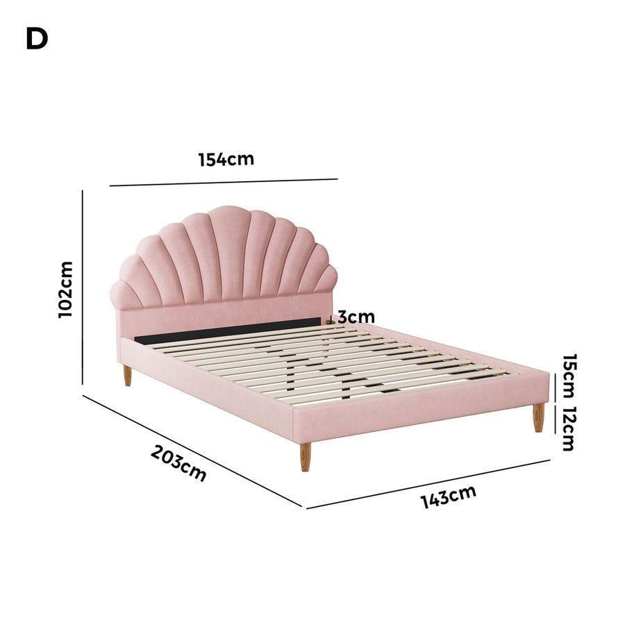 Oikiture Bed Frame Double Size Scallop-Shape Bedhead Pink Velvet, image 5