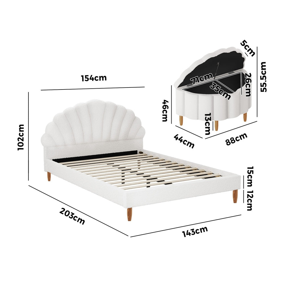 Oikiture Boucle Bed Frame with Ottoman Set Scallop Shaped Sherpa Bedhead Double
