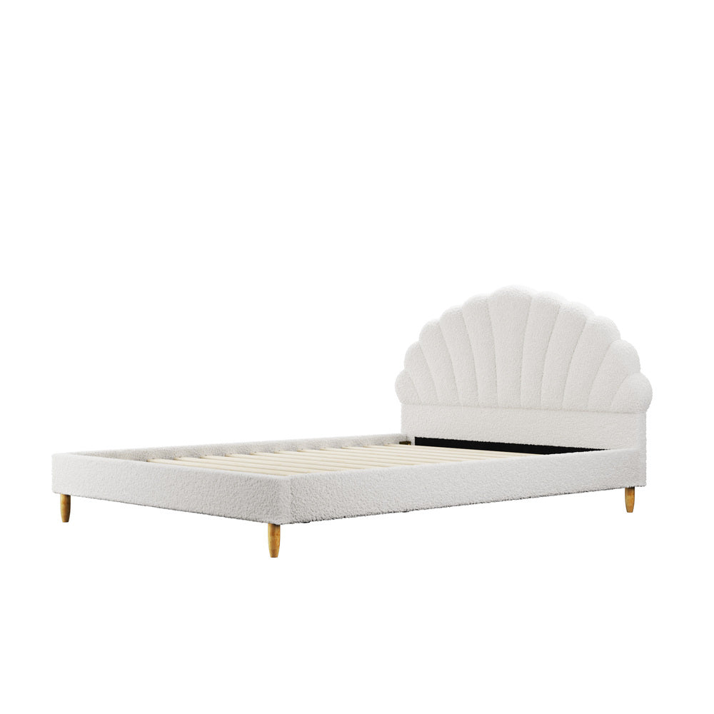 Oikiture Boucle Bed Frame with Ottoman Set Scallop Shaped Sherpa Bedhead Double