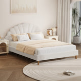 Oikiture Bed Frame Double Size Scallop-Shape Bedhead White Boucle - Low Angle