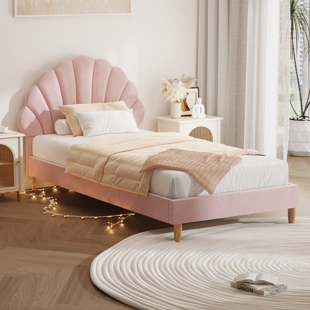 Oikiture Single Bed Frame Scallop-Shape Bedhead Pink Velvet