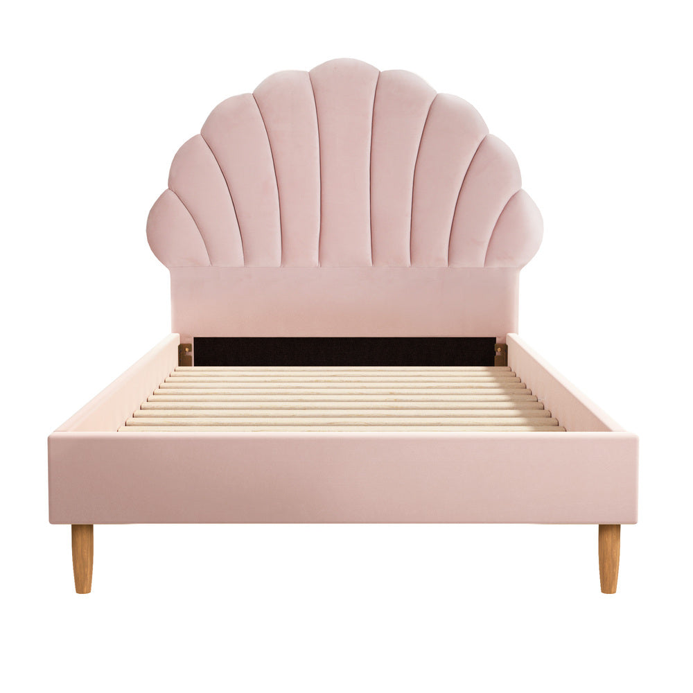 Oikiture Single Bed Frame Scallop-Shape Bedhead Pink Velvet