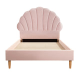 Oikiture Single Bed Frame Scallop-Shape Bedhead Pink Velvet - Top-Down View