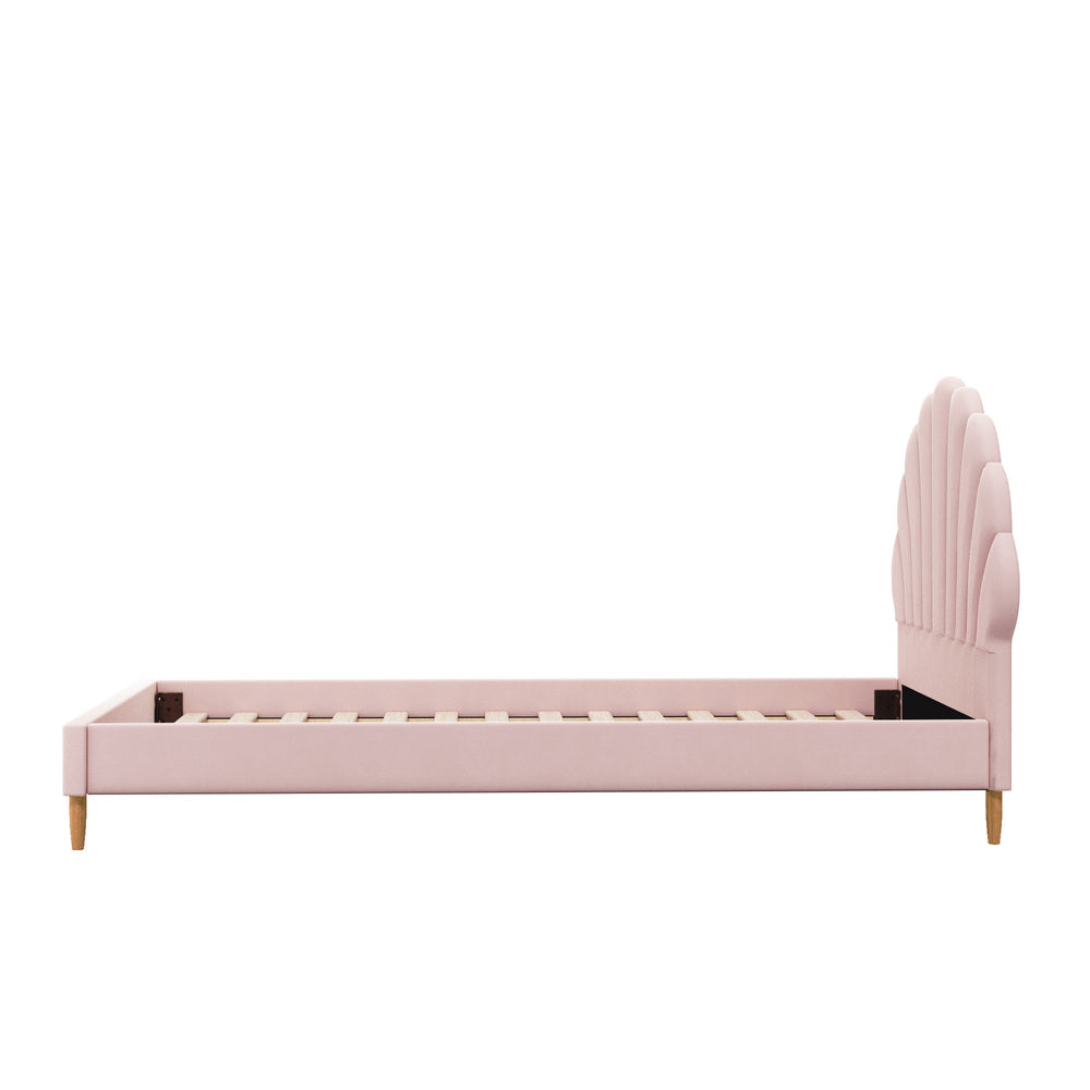 Oikiture Single Bed Frame Scallop-Shape Bedhead Pink Velvet