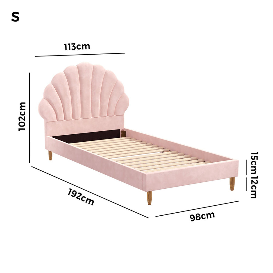 Oikiture Single Bed Frame Scallop-Shape Bedhead Pink Velvet, image 7