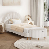Oikiture Boucle Bed Frame with Ottoman Set Scallop Shaped Sherpa Bedhead Single - Close-Up Angle